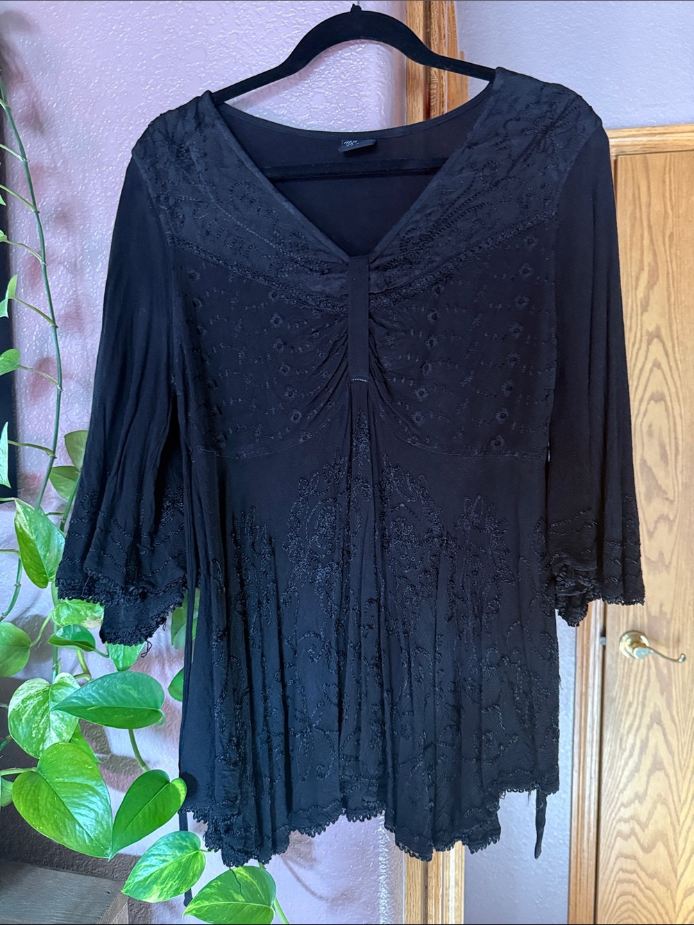 Black Embroidered V-Neck Tunic Top